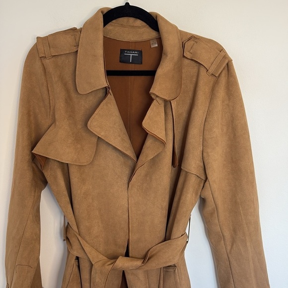 Tahari Faux Suede Open Belted Trench Coat - Picture 3 of 12